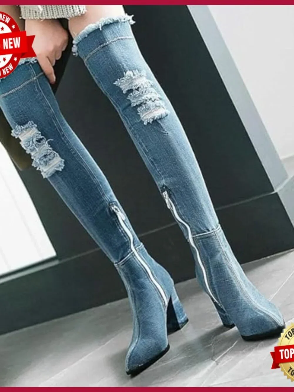 Denim Thigh High Boots Pointed Toe Block Heel Over The Knee